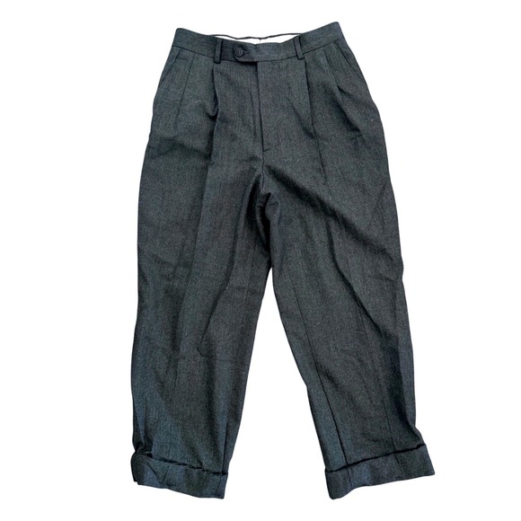 Savane Pants - Vintage Wool Cuffed Pleated Trousers High Waisted Cropped Slouchy Dark Grey Sz S